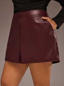 Freevana Women Burgundy PU Faux Leather Shorts High Waisted Front Zipper Wide Leg Casual Fall Bottoms - Burgundy - View 4