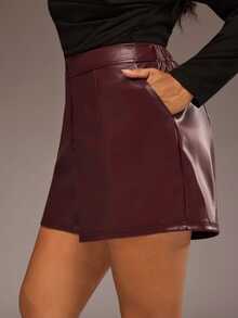Freevana Women Burgundy PU Faux Leather Shorts High Waisted Front Zipper Wide Leg Casual Fall Bottoms - Burgundy - View 5
