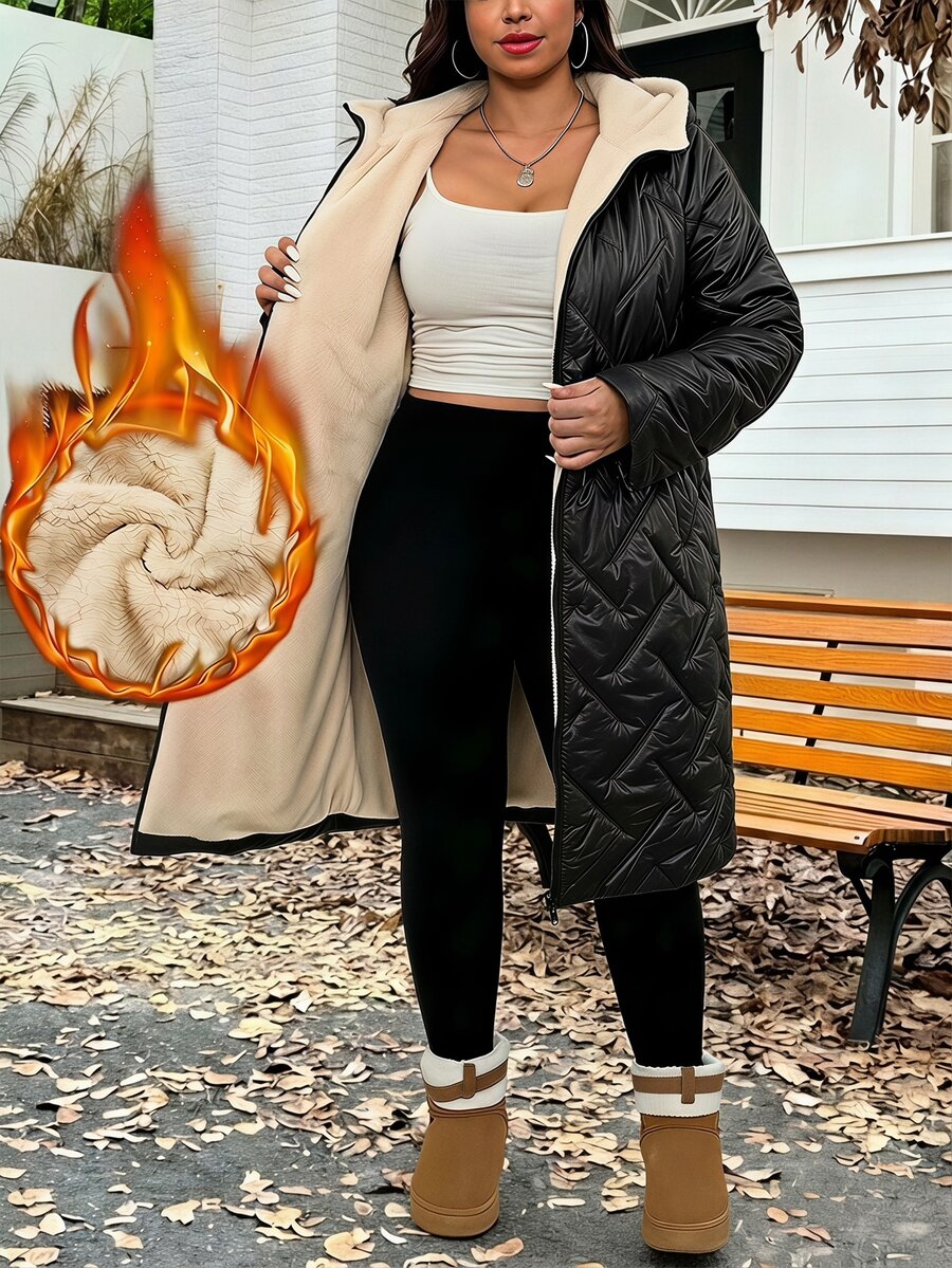 Reflora Plus Size Winter Thermal Lined Hooded Jacket Holiday Going Out Black Casual Baggy - Black - View 1