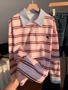Comfortcana Women's Colorblock Long Sleeve Striped Polo Neck T-Shirt - Pink - View 6