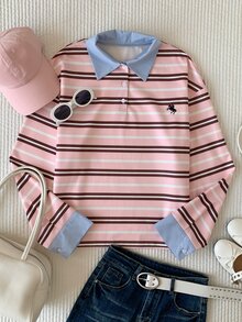 Comfortcana Women's Colorblock Long Sleeve Striped Polo Neck T-Shirt - Pink - View 7