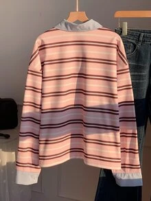 Comfortcana Women's Colorblock Long Sleeve Striped Polo Neck T-Shirt - Pink - View 2