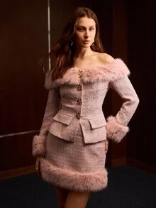 MOTF PREMIUM AUTUMN/WINTER ELEGANT OFF SHOULDER FAUX FUR PATCHWORK JACKET AND SKIRT 2 PIECES SET - Pink - View 4