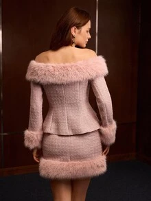 MOTF PREMIUM AUTUMN/WINTER ELEGANT OFF SHOULDER FAUX FUR PATCHWORK JACKET AND SKIRT 2 PIECES SET - Pink - View 3