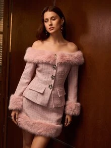 MOTF PREMIUM AUTUMN/WINTER ELEGANT OFF SHOULDER FAUX FUR PATCHWORK JACKET AND SKIRT 2 PIECES SET - Pink - View 7