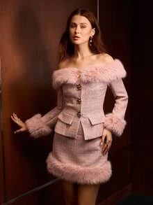 MOTF PREMIUM AUTUMN/WINTER ELEGANT OFF SHOULDER FAUX FUR PATCHWORK JACKET AND SKIRT 2 PIECES SET - Pink - View 6
