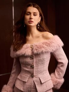 MOTF PREMIUM AUTUMN/WINTER ELEGANT OFF SHOULDER FAUX FUR PATCHWORK JACKET AND SKIRT 2 PIECES SET - Pink - View 5