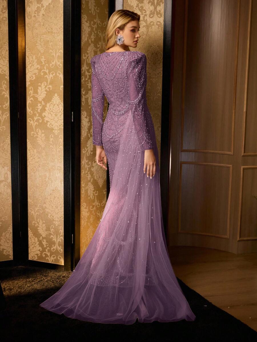 MOTF Soiréza LONG SLEEVE ASYMMETRICAL PEARL DETAIL NECKLINE MAXI BEADED EVENING DRESS WITH MERMAID HEM & SHEER OVERLAY PERFECT FOR GALA EVENTS AND BLACK TIE OCCASIONS - Purple - View 2