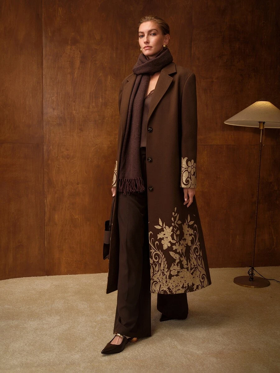 MOTF PREMIUM SINGLE-BREASTED WOOL LONG OVERCOAT WITH GOLD FOIL DETAIL - Mocha Brown - View 1