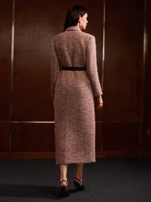 MOTF PREMIUM WOMEN'S AUTUMN/WINTER FITTED WAIST LAPEL TWEED MID-LENGTH COAT - Purple - View 7
