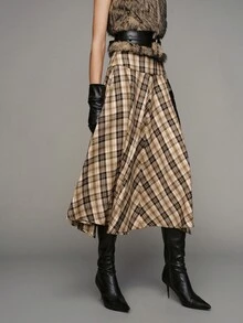 MOTF PREMIUM ROK A-LINE KOTAK-KOTAK PINGGANG LEBAR - Coffee Brown - View 4