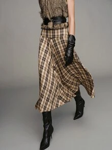 MOTF PREMIUM ROK A-LINE KOTAK-KOTAK PINGGANG LEBAR - Coffee Brown - View 6