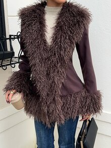 SHEIN EZwear Mantel Bulu Imitasi Tenun Cokelat untuk Wanita - Coffee Brown - View 4