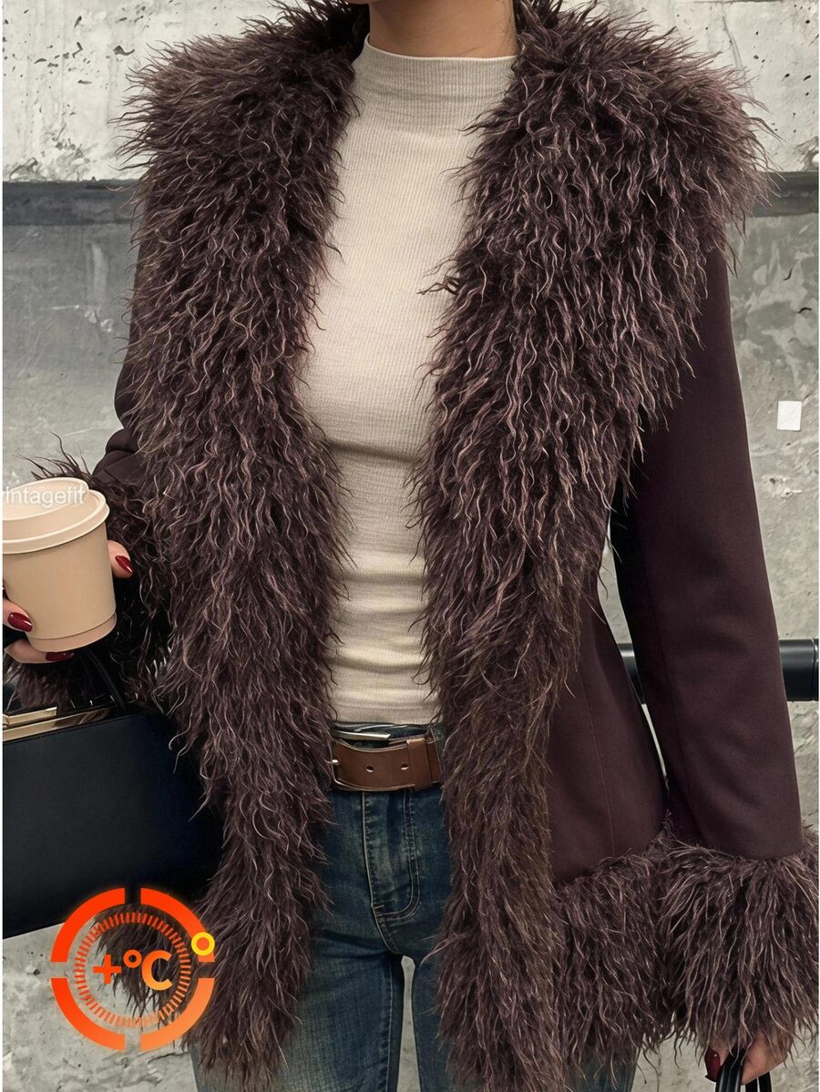 SHEIN EZwear Mantel Bulu Imitasi Tenun Cokelat untuk Wanita