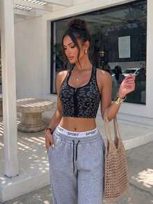 Dewbera Dewbera Women's Leopard Print Zipper Front Sports Bra - Black - View 1