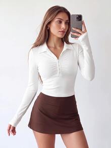 SHEIN Dewbera YD3061 White Collared Long Sleeve T-Shirt - White - View 5