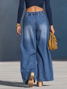LUMIGAL Women's Solid Color Front Pocket Design Fashion Denim Wide Leg Pants - Blue - View 2