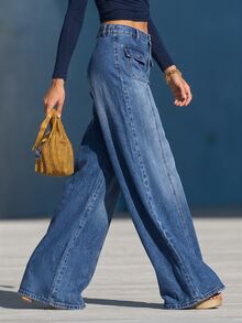 LUMIGAL Women's Solid Color Front Pocket Design Fashion Denim Wide Leg Pants - Blue - View 3