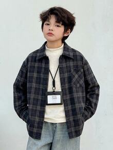 Dazy Kids 兒童秋季服飾 青少年男孩寬鬆休閒格紋襯衫 秋季穿著 寬鬆休閒格紋秋季 - 藏蓝色 - 查看 1