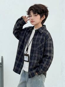 Dazy Kids 兒童秋季服飾 青少年男孩寬鬆休閒格紋襯衫 秋季穿著 寬鬆休閒格紋秋季 - 藏蓝色 - 查看 4
