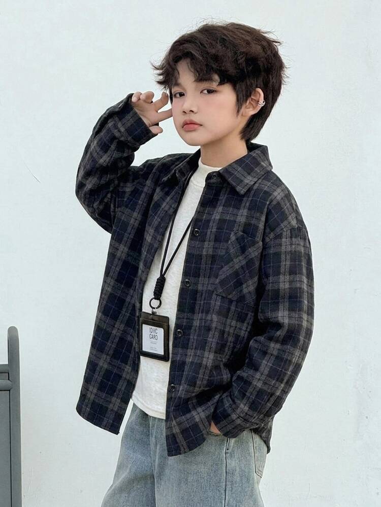Dazy Kids Kids Fall Clothes Tween Boys Loose Casual Plaid Shirt Autumn Wear Loose Casual Plaid Autumn - Navy Blue - View 4