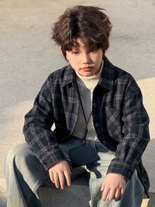 Dazy Kids 兒童秋季服飾 青少年男孩寬鬆休閒格紋襯衫 秋季穿著 寬鬆休閒格紋秋季 - 藏蓝色 - 查看 6
