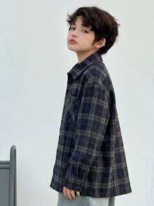 Dazy Kids 兒童秋季服飾 青少年男孩寬鬆休閒格紋襯衫 秋季穿著 寬鬆休閒格紋秋季 - 藏蓝色 - 查看 3