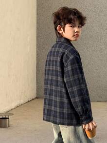 Dazy Kids 兒童秋季服飾 青少年男孩寬鬆休閒格紋襯衫 秋季穿著 寬鬆休閒格紋秋季 - 藏蓝色 - 查看 5