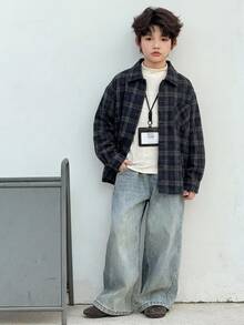 Dazy Kids 兒童秋季服飾 青少年男孩寬鬆休閒格紋襯衫 秋季穿著 寬鬆休閒格紋秋季 - 藏蓝色 - 查看 2