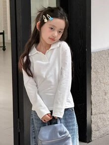 Dazy Kids Tween Girl Solid Color Collared Long Sleeve Casual Versatile T-Shirt - White - View 1
