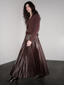 Anewsta Rok PU Lipit Bertekstur Elegan dan Romantis untuk Wanita, Cocok untuk Liburan, Pakaian Sehari-hari, Pesta, Kencan, Perjalanan dan Acara Lainnya - Coffee Brown - View 7