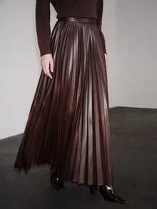 Anewsta Rok PU Lipit Bertekstur Elegan dan Romantis untuk Wanita, Cocok untuk Liburan, Pakaian Sehari-hari, Pesta, Kencan, Perjalanan dan Acara Lainnya - Coffee Brown - View 3