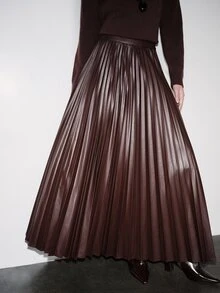 Anewsta Rok PU Lipit Bertekstur Elegan dan Romantis untuk Wanita, Cocok untuk Liburan, Pakaian Sehari-hari, Pesta, Kencan, Perjalanan dan Acara Lainnya - Coffee Brown - View 4