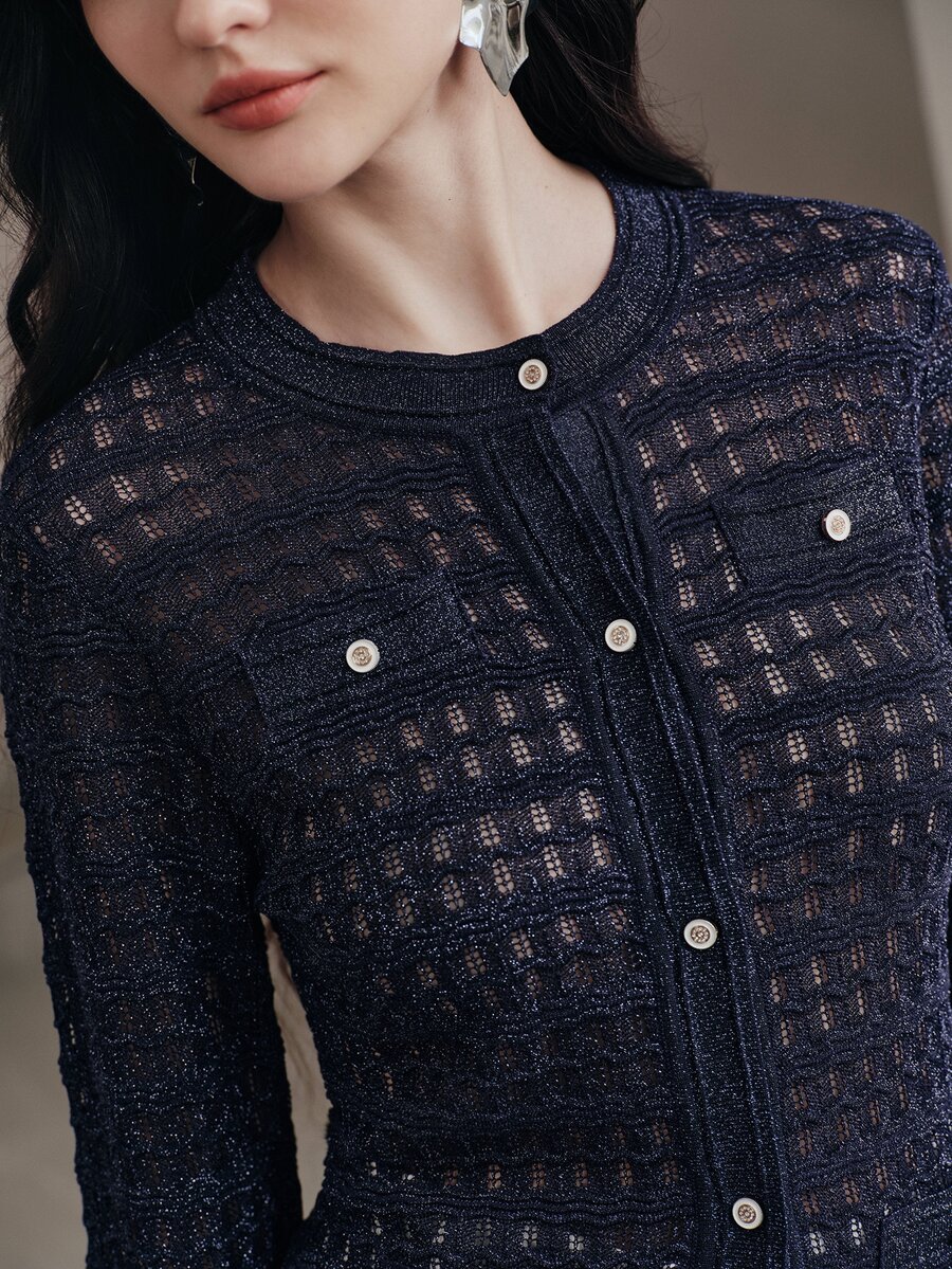 Anewsta Women's Solid Color Long Sleeve Single-Breasted Hollow Knit Cardigan - Blue - View 1
