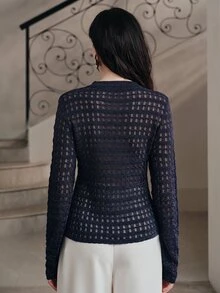 Anewsta Women's Solid Color Long Sleeve Single-Breasted Hollow Knit Cardigan - Blue - View 2