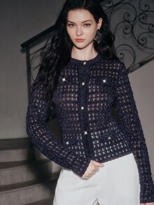 Anewsta Women's Solid Color Long Sleeve Single-Breasted Hollow Knit Cardigan - Blue - View 7