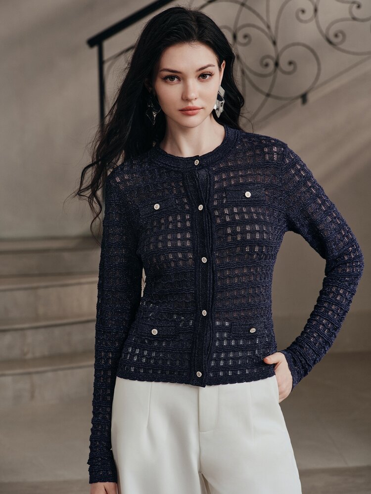 Anewsta Women's Solid Color Long Sleeve Single-Breasted Hollow Knit Cardigan - Blue - View 4