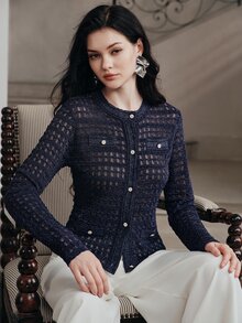 Anewsta Women's Solid Color Long Sleeve Single-Breasted Hollow Knit Cardigan - Blue - View 6