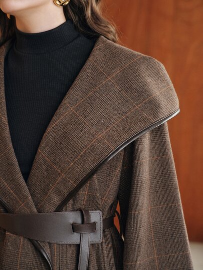 Anewsta Dames Nieuwe Herfst/Winter Vintage Moderne Casual Luie Veelzijdige Geruite Getextureerde Patchwork Leren Trim Lange Mouwen Grote Kraag Getailleerde Taille Capuchon Open Voorzijde Losse Jas Met Riem
