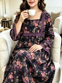 Al Najma Random Floral Print Loose Long Skirt Comfortable Fashion Versatile Daily Plus Size Women's Arabian Dress - Multicolor - View 6