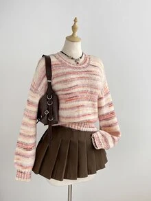 Dulcita Women's Autumn/Winter Round Neck Striped Multicolor Contrast Asymmetrical Design Colorful Cute Vibe Versatile Casual Knit Sweater - Pink - View 7