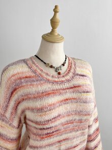 Dulcita Women's Autumn/Winter Round Neck Striped Multicolor Contrast Asymmetrical Design Colorful Cute Vibe Versatile Casual Knit Sweater - Pink - View 6