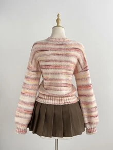Dulcita Women's Autumn/Winter Round Neck Striped Multicolor Contrast Asymmetrical Design Colorful Cute Vibe Versatile Casual Knit Sweater - Pink - View 2