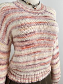 Dulcita Women's Autumn/Winter Round Neck Striped Multicolor Contrast Asymmetrical Design Colorful Cute Vibe Versatile Casual Knit Sweater - Pink - View 5