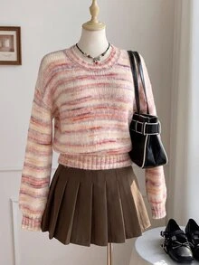 Dulcita Women's Autumn/Winter Round Neck Striped Multicolor Contrast Asymmetrical Design Colorful Cute Vibe Versatile Casual Knit Sweater - Pink - View 4