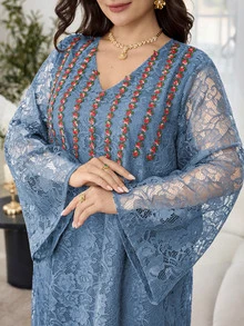 Al Najma 休閒簡約蕾絲V領長袖寬鬆標準版型春/秋大尺碼女款土耳其式長衫 & 阿拉伯傳統長衫 - 霧霾藍 - 查看 5