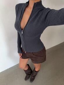Aloruh 女款休閒羅紋高領拉鍊長袖針織開襟衫，黃色，適合日常穿著與運動，秋冬款 - 深灰色 - 查看 5