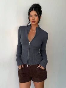 Aloruh 女款休閒羅紋高領拉鍊長袖針織開襟衫，黃色，適合日常穿著與運動，秋冬款 - 深灰色 - 查看 3