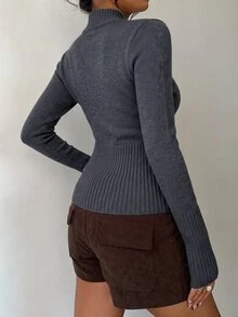 Aloruh 女款休閒羅紋高領拉鍊長袖針織開襟衫，黃色，適合日常穿著與運動，秋冬款 - 深灰色 - 查看 2
