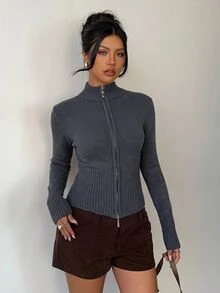 Aloruh 女款休閒羅紋高領拉鍊長袖針織開襟衫，黃色，適合日常穿著與運動，秋冬款 - 深灰色 - 查看 4